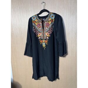 Johnny Was Workshop $398 Black 100% Silk Embroidered Boho Dress W26419-0 Womens